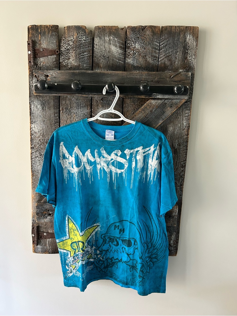 Men's Rockstar Energy Blue Shirt with Skull & Star Design